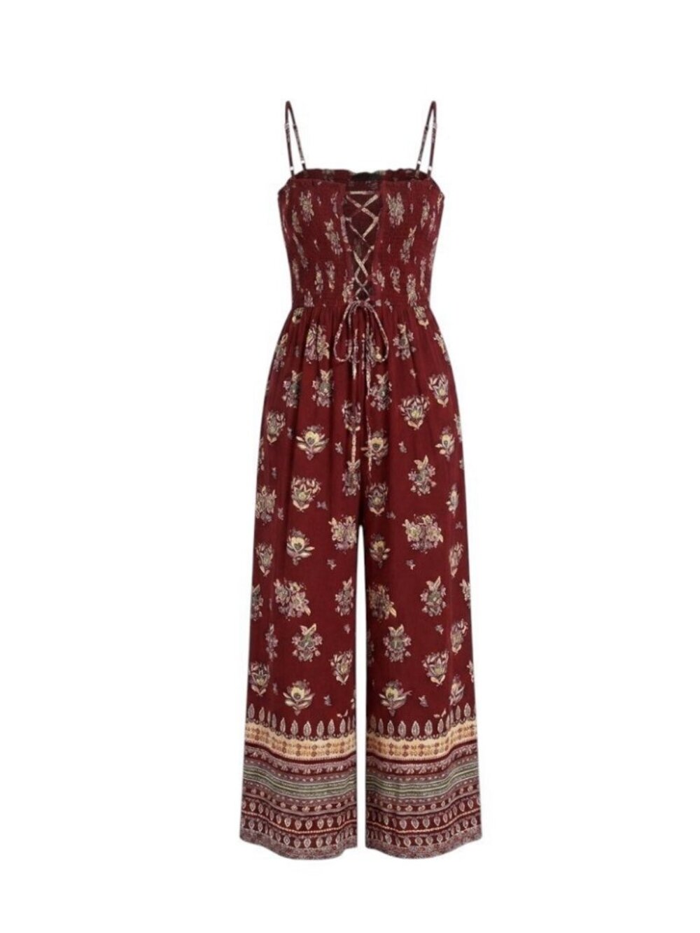 The Pyramid Collection Womens Floral Boho Wide Leg Red Jumpsuit Smocked Size M